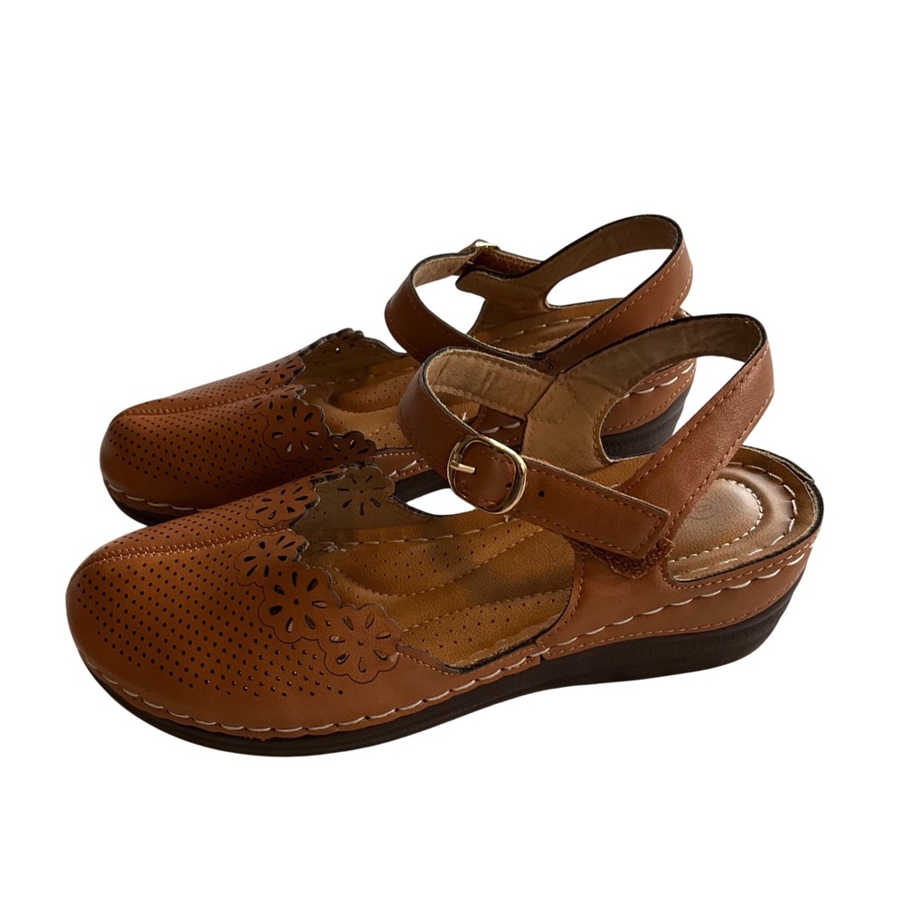 Patrizia Spring Step Wedge Sandals Women 6 Tan Laser Cut Floral Boho Comfort